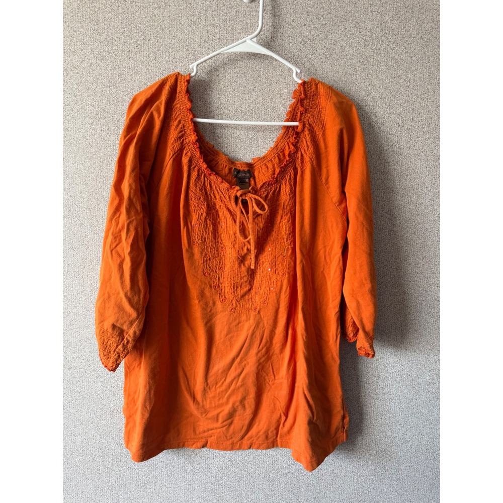 Multiples Women 1X Orange Cotton Embroidered‎ Sequin Peasant Blouse 3/4 Sleeve